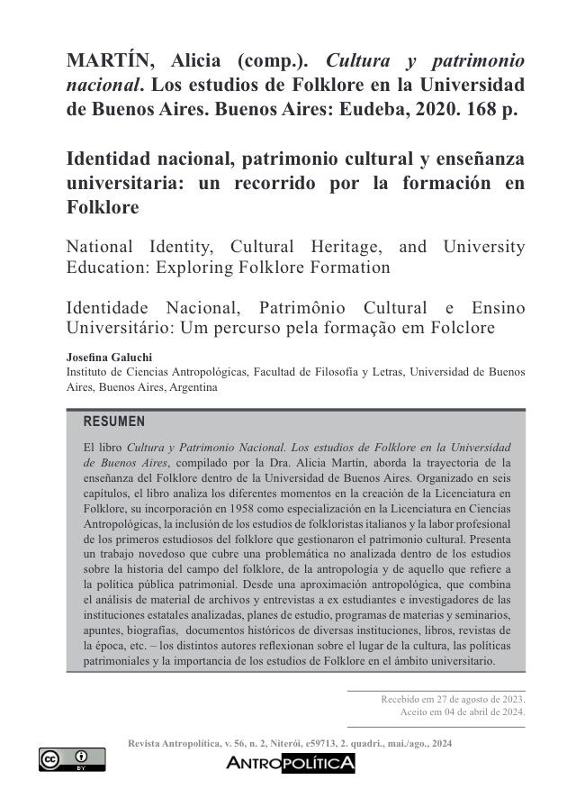 Compartimos lecturas:  “Identidad nacional, patrimonio cultural y enseñanza universitaria: un recorrido por la formación en Folklore”, una reseña de Josefina Galuchi​